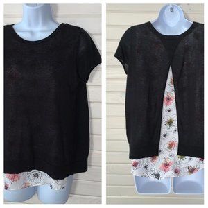 Ann Taylor Sz PETITES SMALL PS Floral Blouse w/ Black Sweater Overlay Career EUC